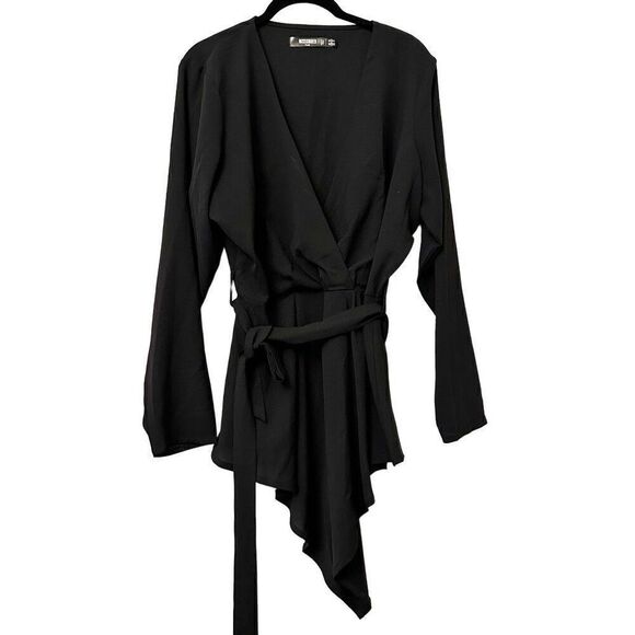 Missguided Asymmetric Hem Long Sleeve Belted Wrap Over Blouse Black Size 12 - Picture 1 of 7